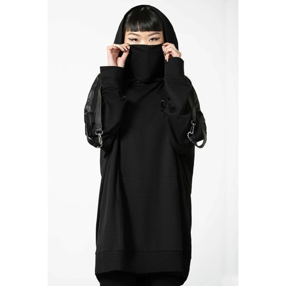 Killstar Orion Masked Strap clasp detail Sleeves emo goth unisex hoodie Large - Picture 2 of 11